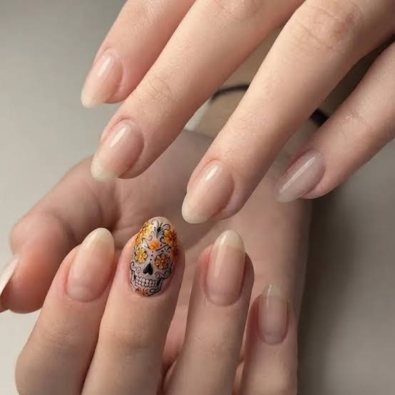 Nude Medium Almond Multicolored Sugar Skull Decal Nails Nude Medium Almond Multicolored Sugar Skull Decal Nails — Skull Nails
