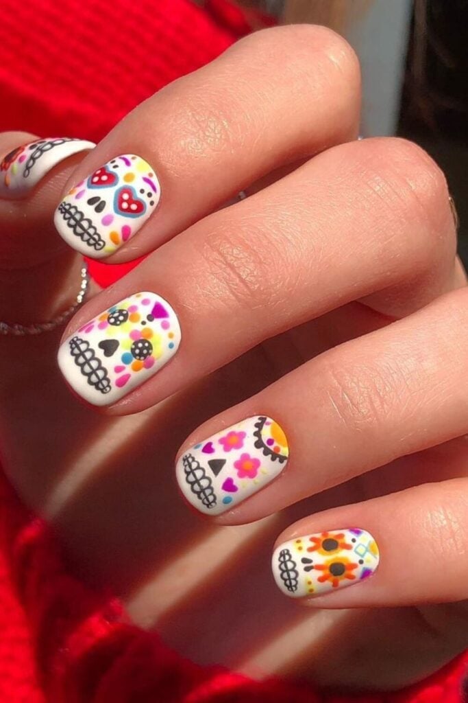 White Glossy Short Oval Sugar Skull Accent Nails White Glossy Short Oval Sugar Skull Accent Nails — Skull Nails