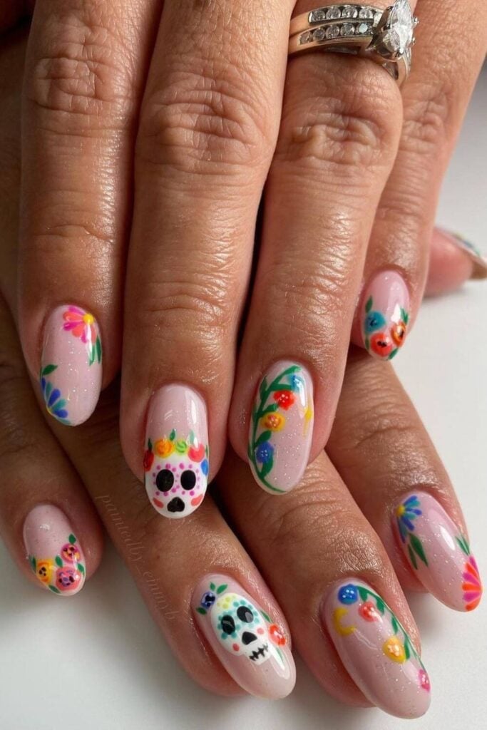 Pale Pink Shimmer Short Oval Sugar Skull Accent Nails Pale Pink Shimmer Short Oval Sugar Skull Accent Nails — Skull Nails