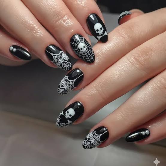 Black Medium Almond Skull Spiderweb Nails Black Medium Almond Skull Spiderweb Nails — Skull Nails