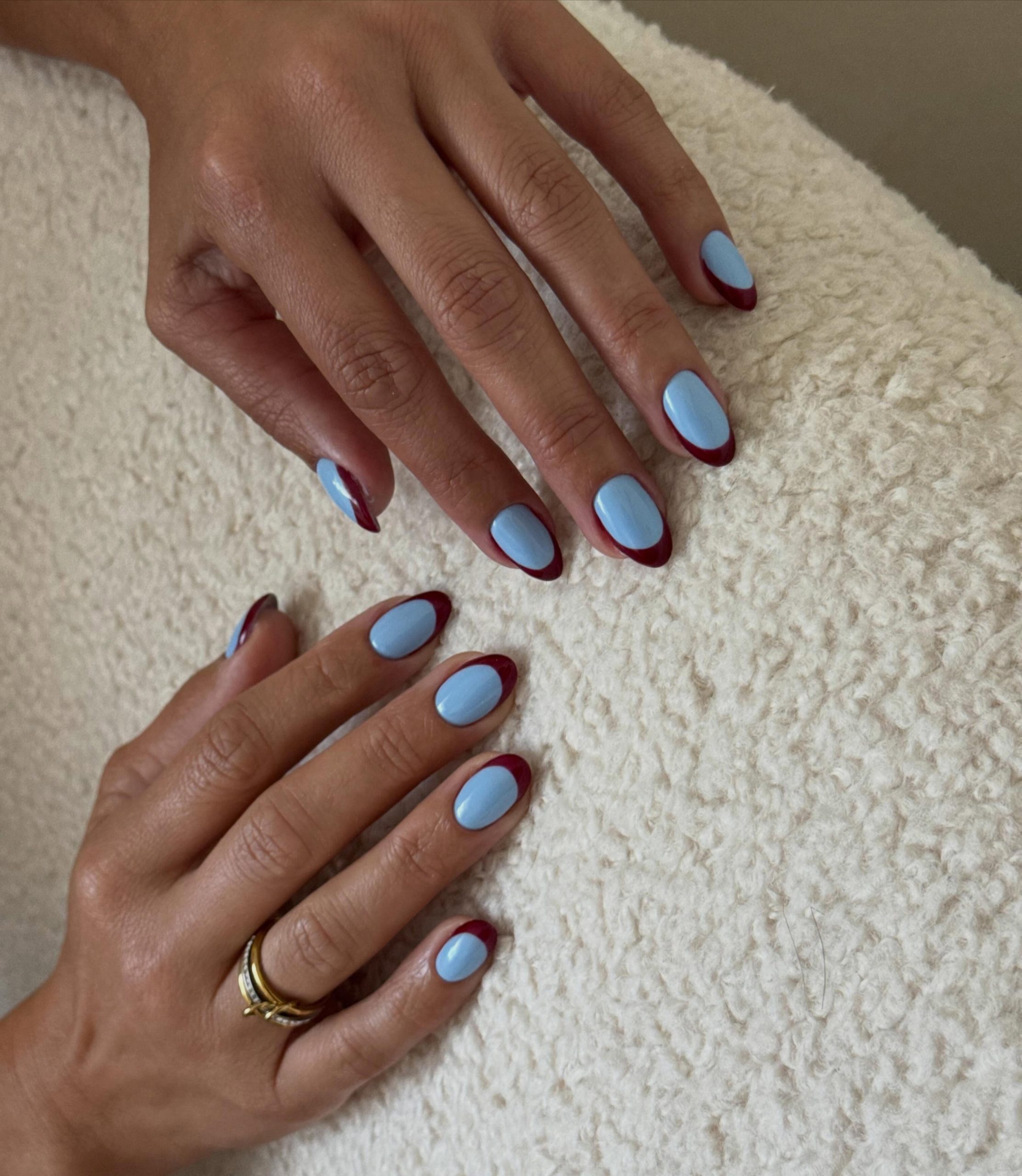 Sky Blue With Burgundy French Tip Oval Nails