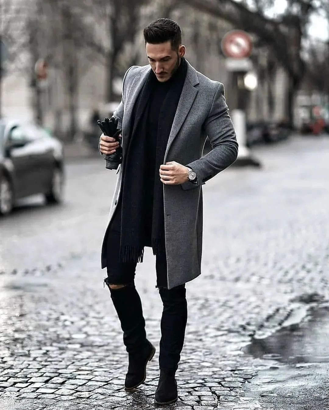 Sleek Charcoal Coat And Black Turtleneck Winter Ensemble