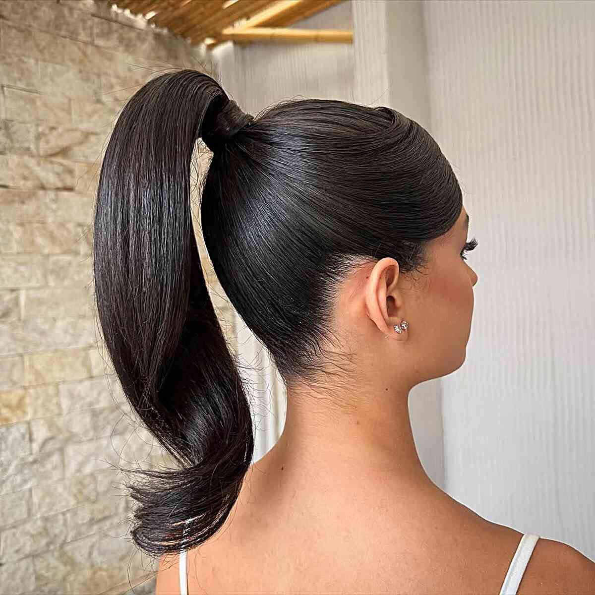 Sleek High Dark Brown Thick Ponytail, Layers — Sleek Ponytail