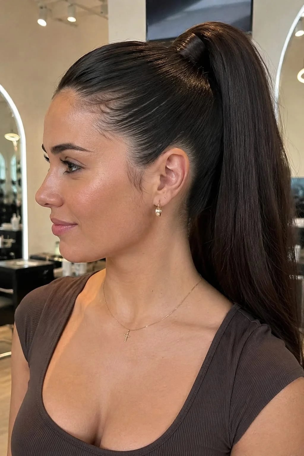 High Sleek Dark Brown Ponytail Sharp Definition — Sleek Ponytail
