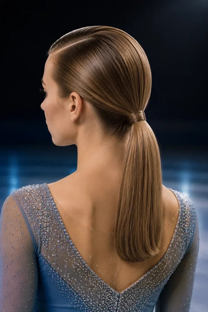 Glossy Medium Brown Ponytail With Highlights — Sleek Ponytail