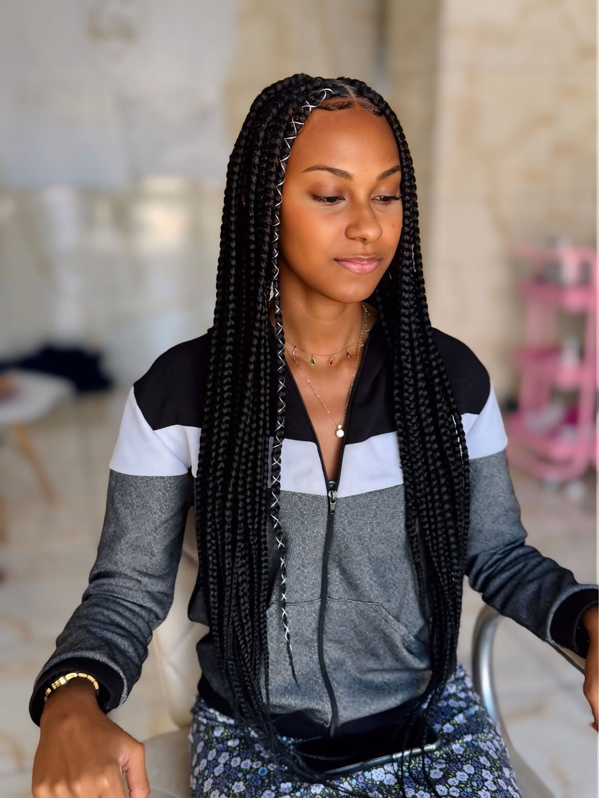 Sleek Waist Length Box Braids With Metallic Wrap