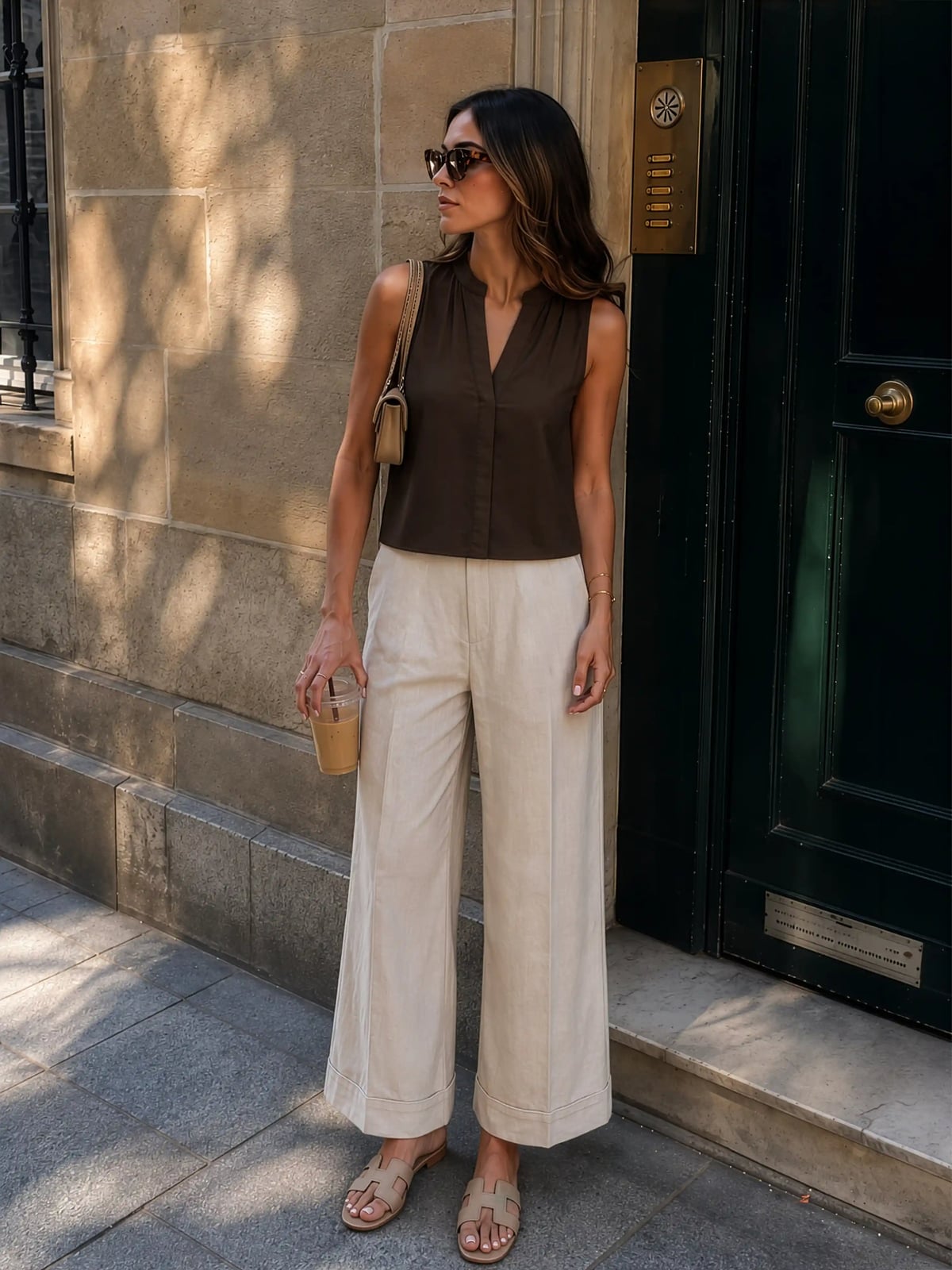 Sleeveless Top With Wide Leg Linen Trousers Sleeveless Top With Wide Leg Linen Trousers — Smart Casual Outfits