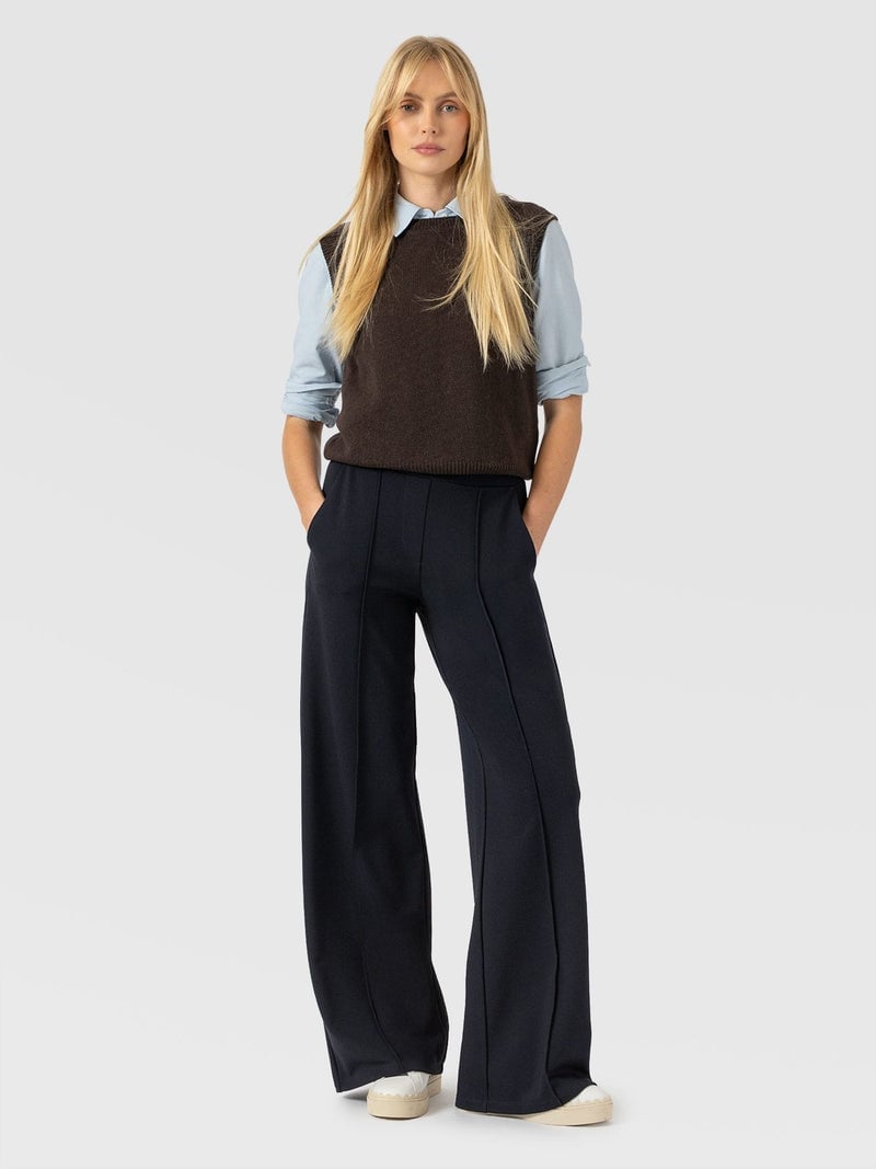 Knit Vest Over Shirt With Wide Leg Trousers Knit Vest Over Shirt With Wide Leg Trousers — Smart Casual Outfits