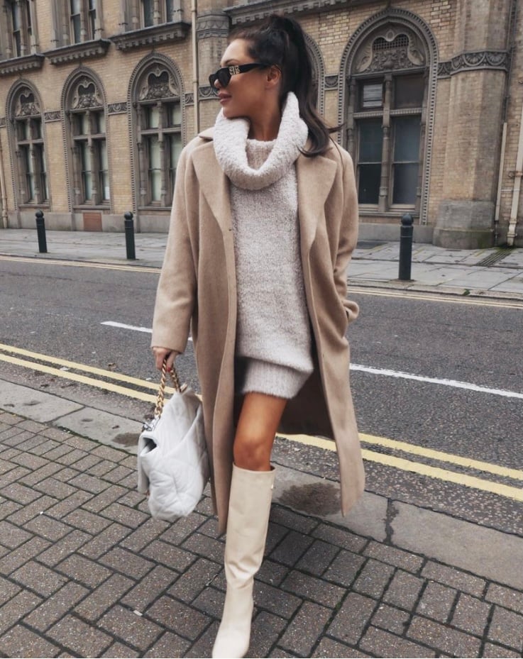 Long Beige Coat With Knit Sweater Dress Long Beige Coat With Knit Sweater Dress — Smart Casual Outfits
