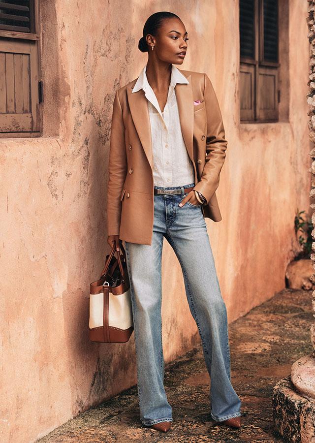 Tan Leather Blazer With Wide Leg Denim Tan Leather Blazer With Wide Leg Denim — Smart Casual Outfits