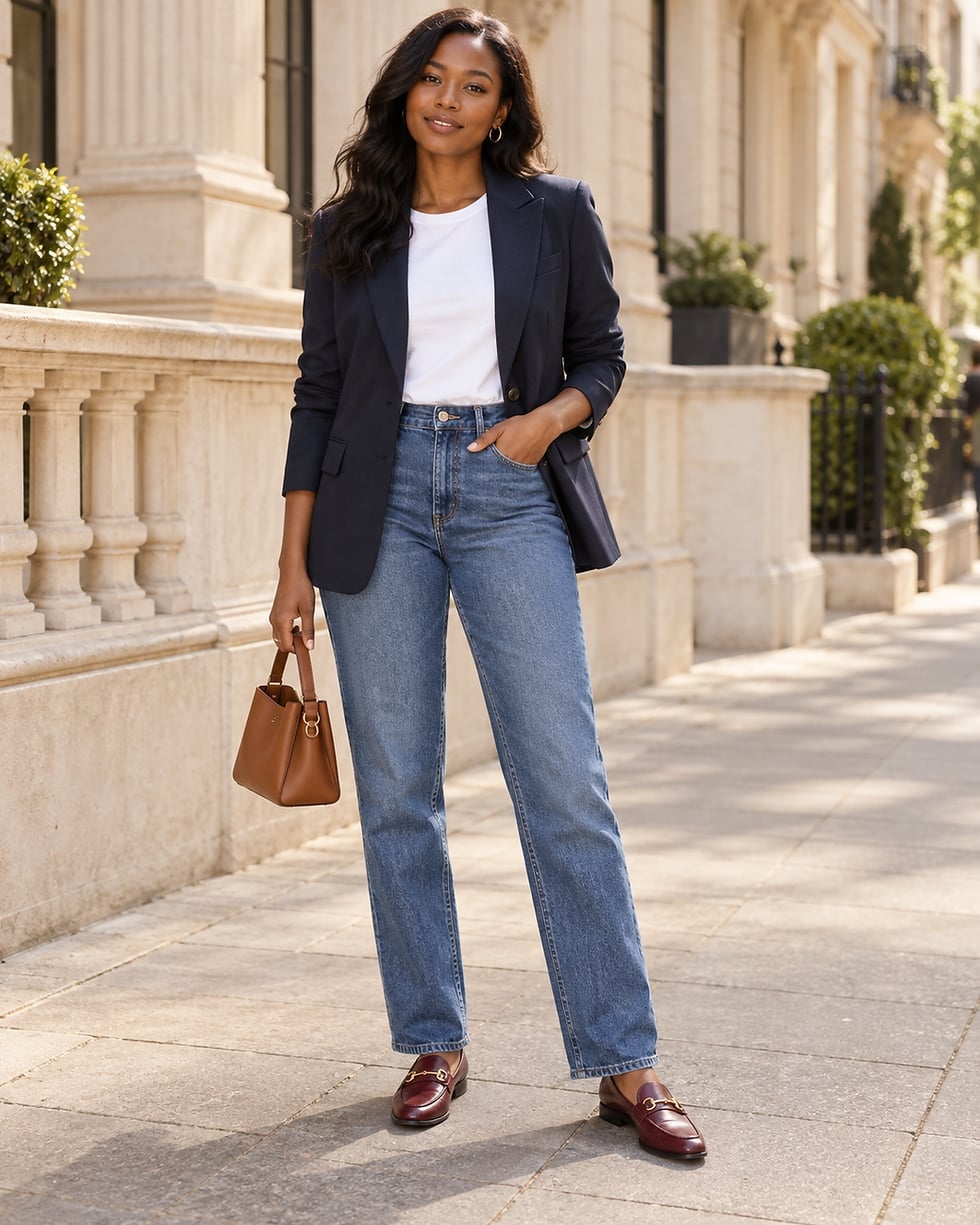 Navy Blazer With White Tee and Jeans Navy Blazer With White Tee and Jeans — Smart Casual Outfits