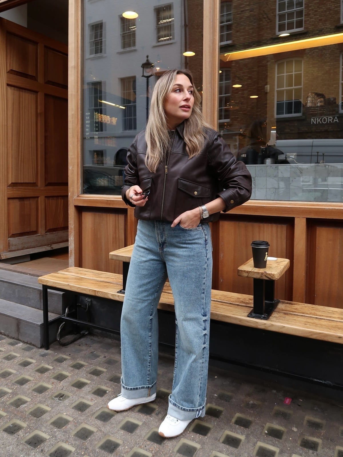 Brown Leather Bomber With Wide Leg Jeans Brown Leather Bomber With Wide Leg Jeans — Smart Casual Outfits