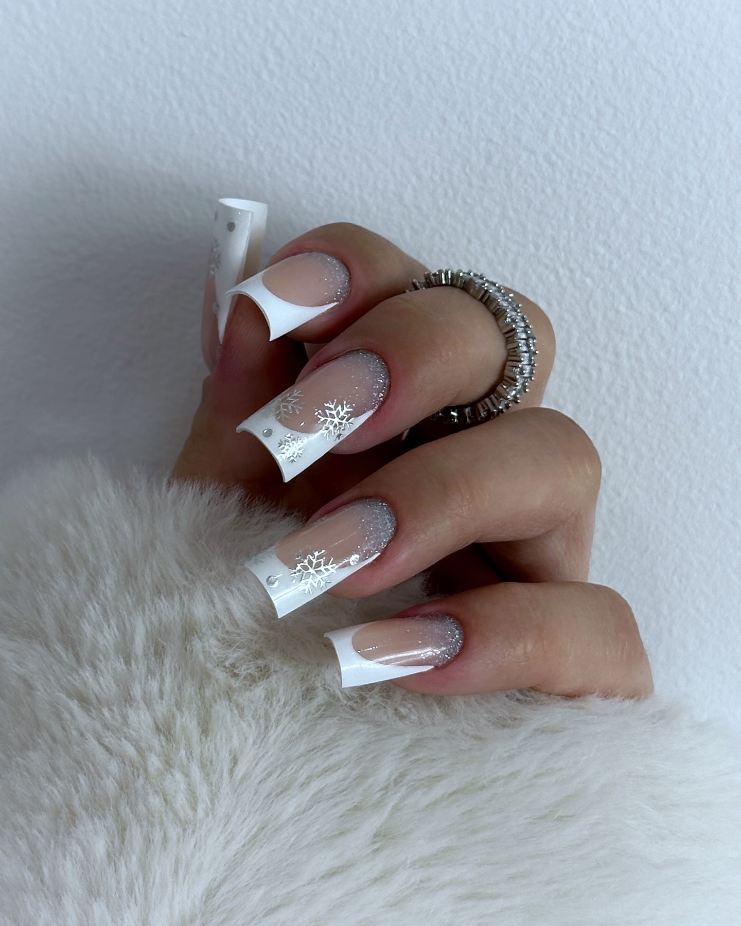Snowflake French Tip Long Coffin Nails