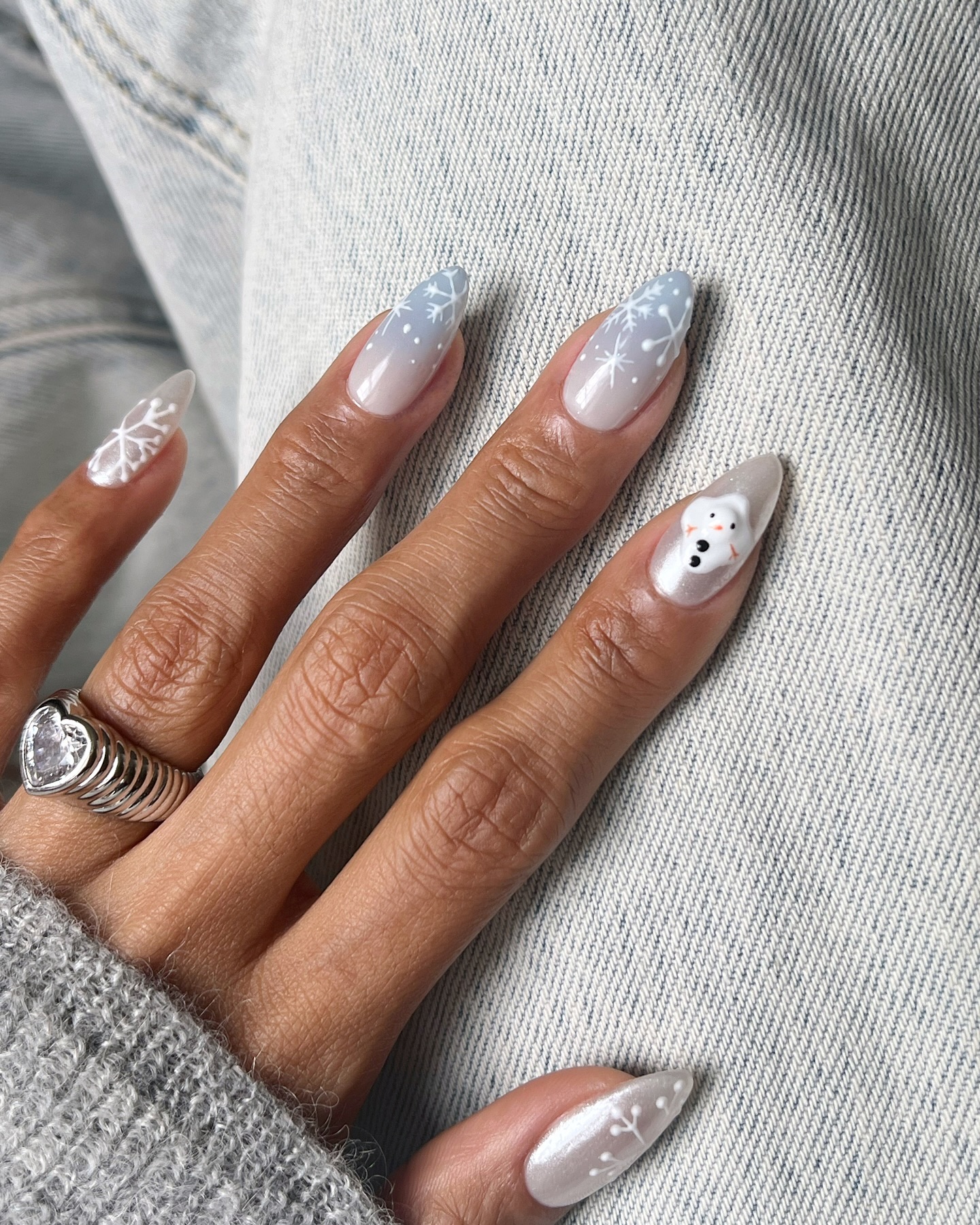 Snowman & Snowflake French Ombre Almond Nails