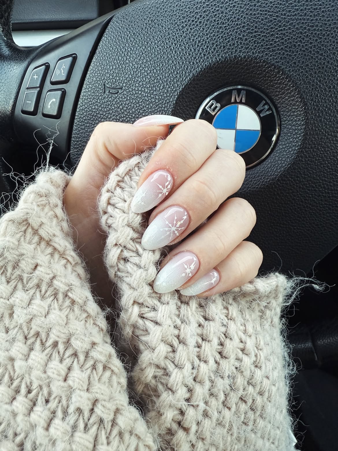 Snowy White Ombre Almond Winter Nails