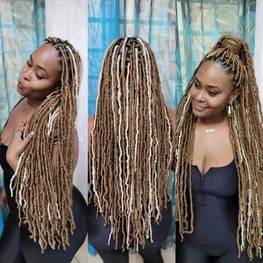 Multi-Toned Locs In A High Ponytail Multi-Toned Locs In A High Ponytail — Soft Locs Hairstyles