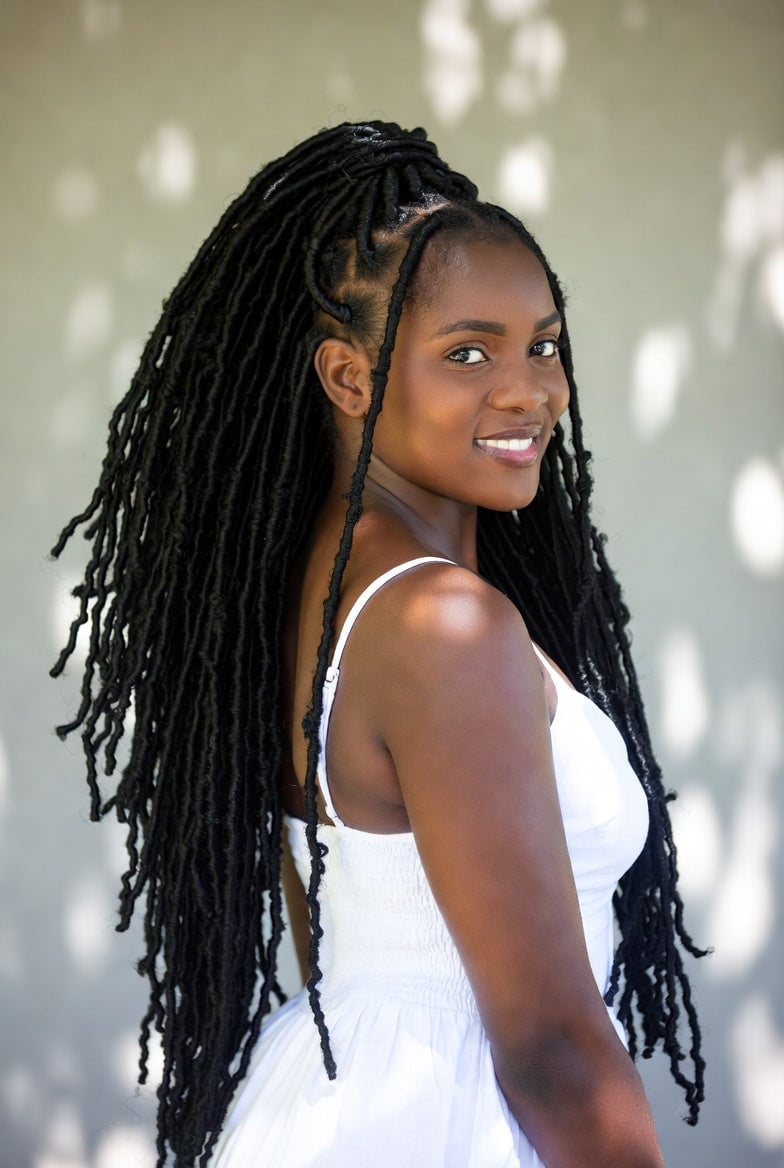 High Ponytail With Face-Framing Locs High Ponytail With Face-Framing Locs — Soft Locs Hairstyles
