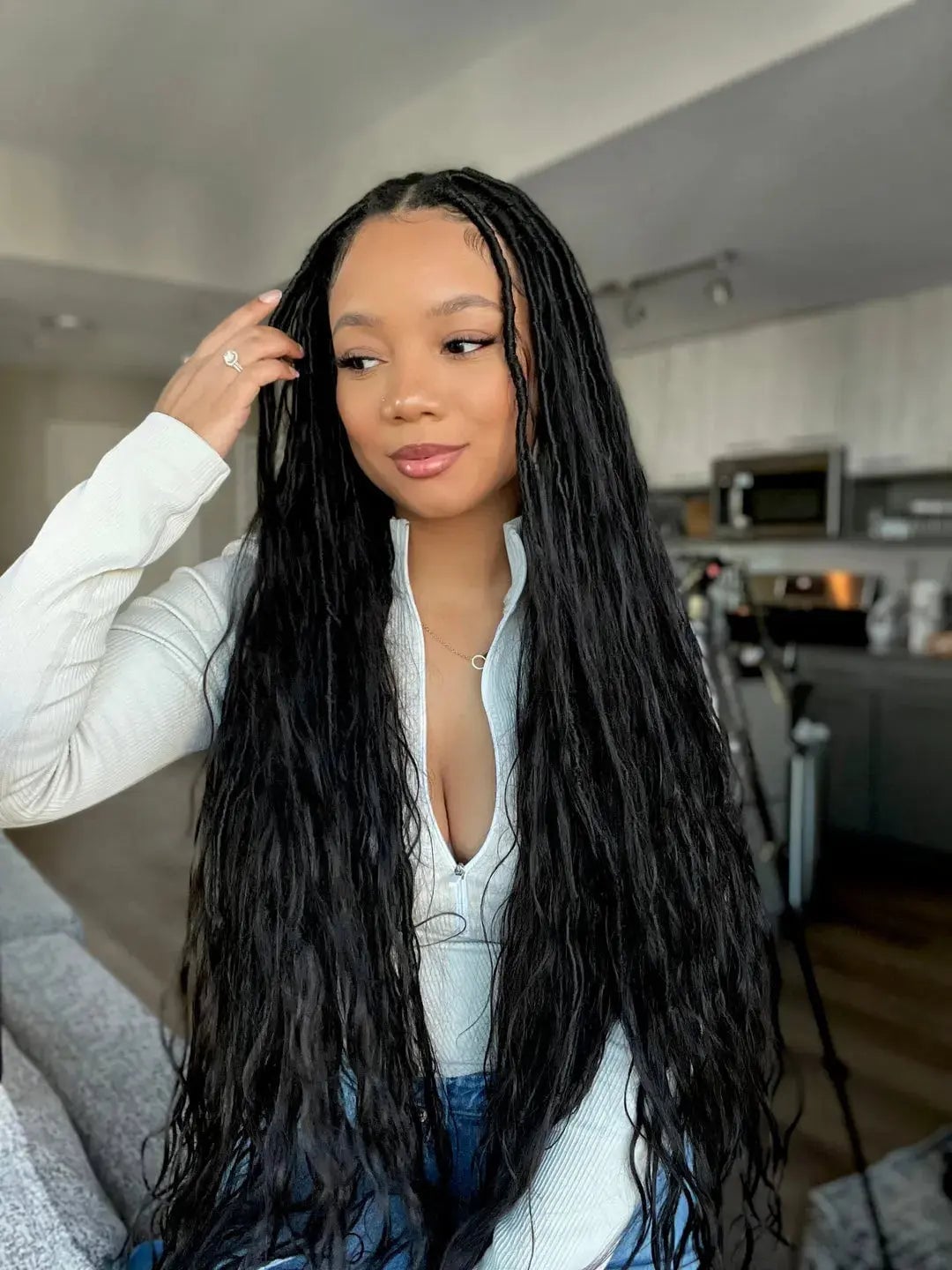 Mid-Back Butterfly Locs With Wispy Bangs Mid-Back Butterfly Locs With Wispy Bangs — Soft Locs Hairstyles