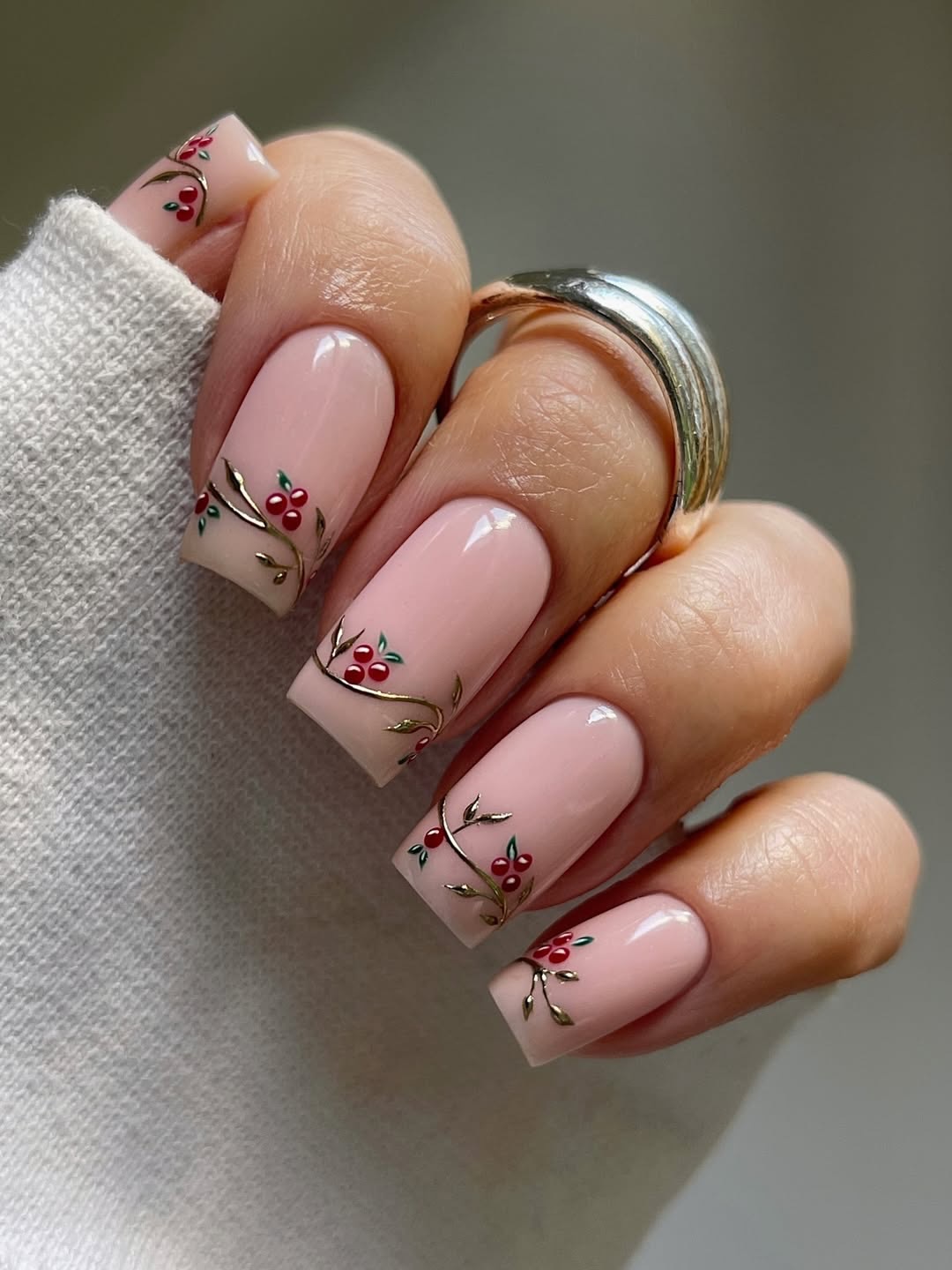 Soft Pink French With Delicate Holly Accents