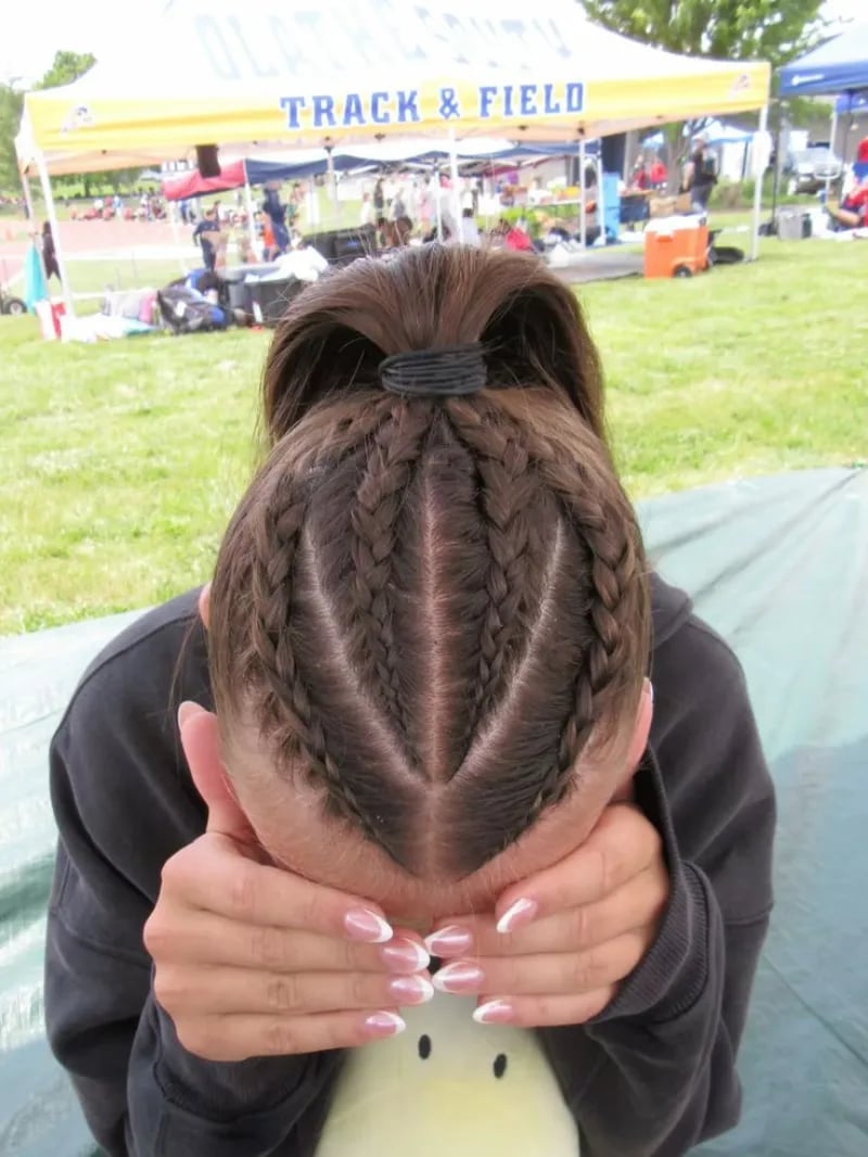 Multiple Cornrows to High Bun, Mid-Back — Softball Hair
