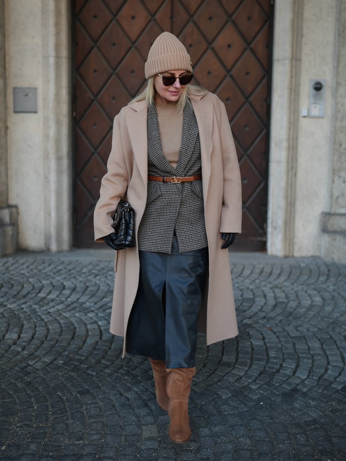 Sophisticated Houndstooth Blazer With Leather Skirt