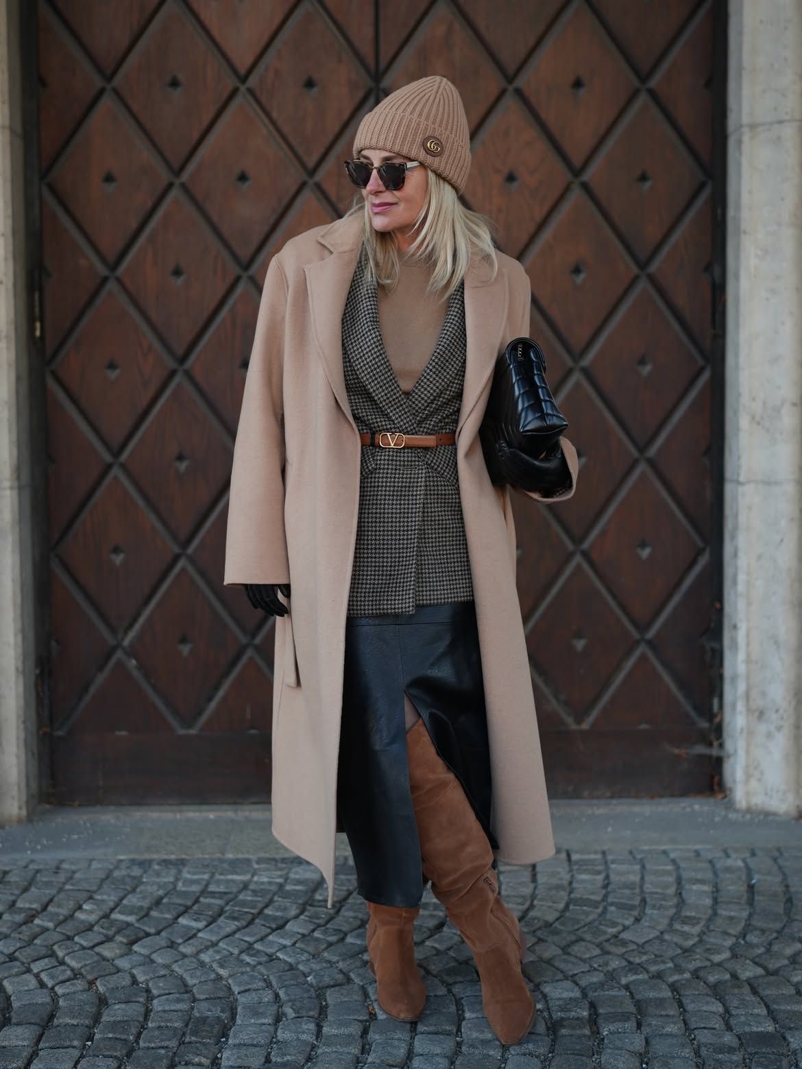 Sophisticated Houndstooth Skirt And Camel Coat Combo
