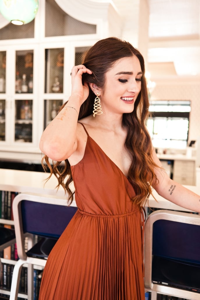 Rust Bias-Cut Satin Slip Dress with Pleats — Sorority Outfits