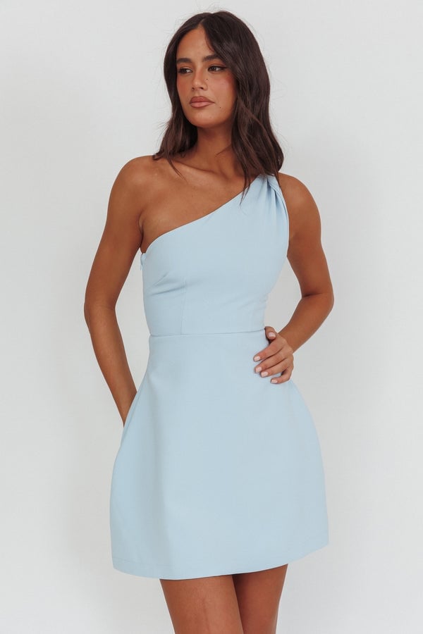 Chic Light Blue One-Shoulder Mini Dress — Sorority Outfits