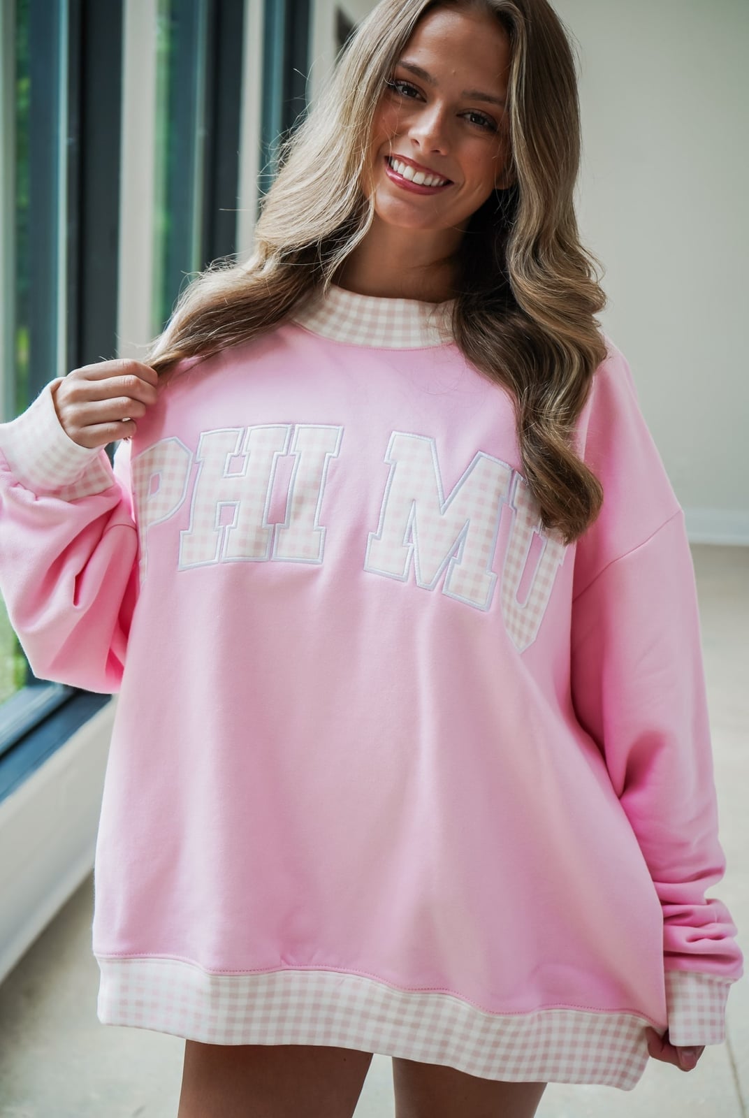 Oversized Pink Sorority Sweatshirt with Gingham Trim, Close-Up Take — Sorority Outfits