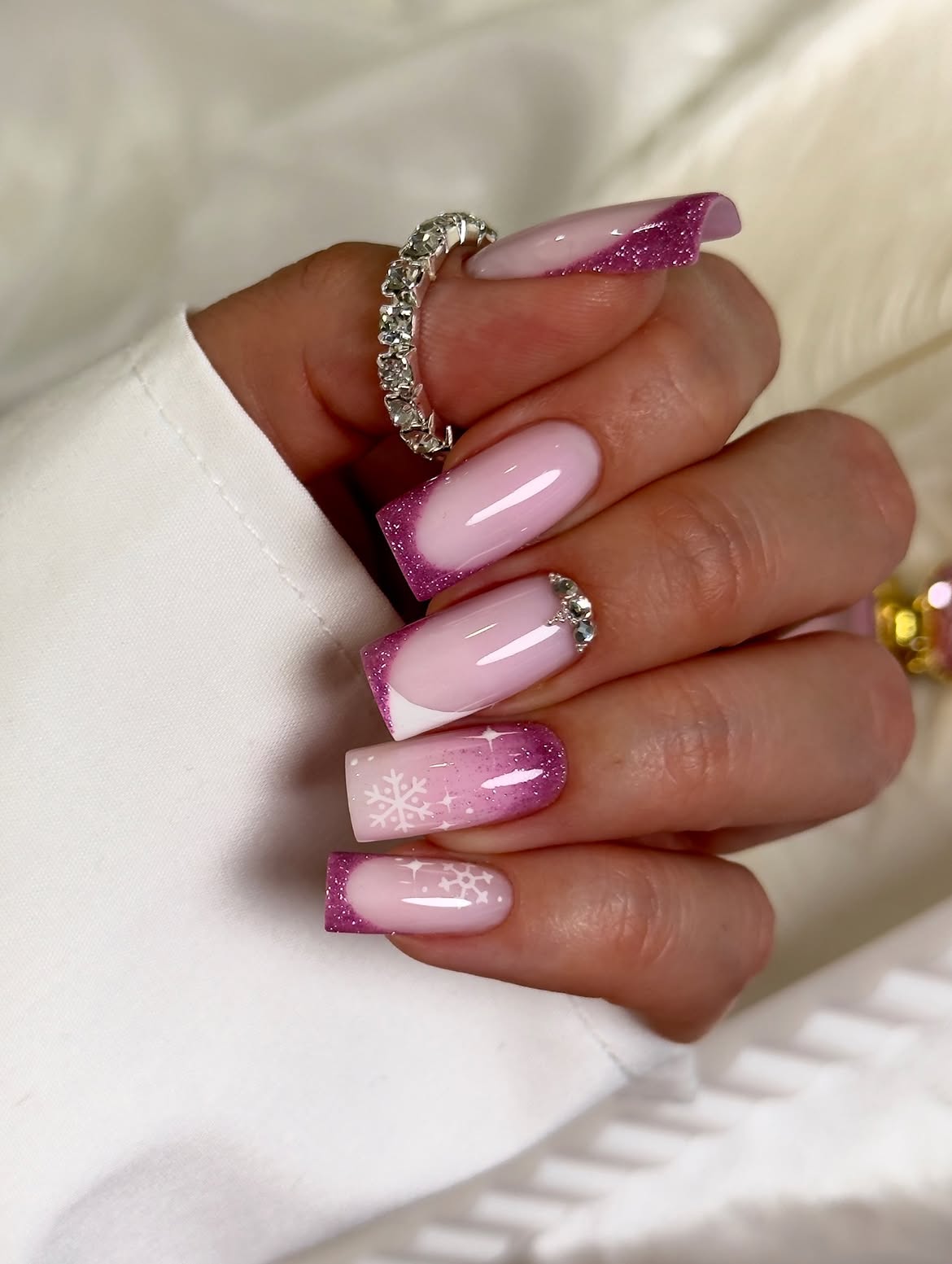 Sparkling Berry French Tip Snowflake Nails