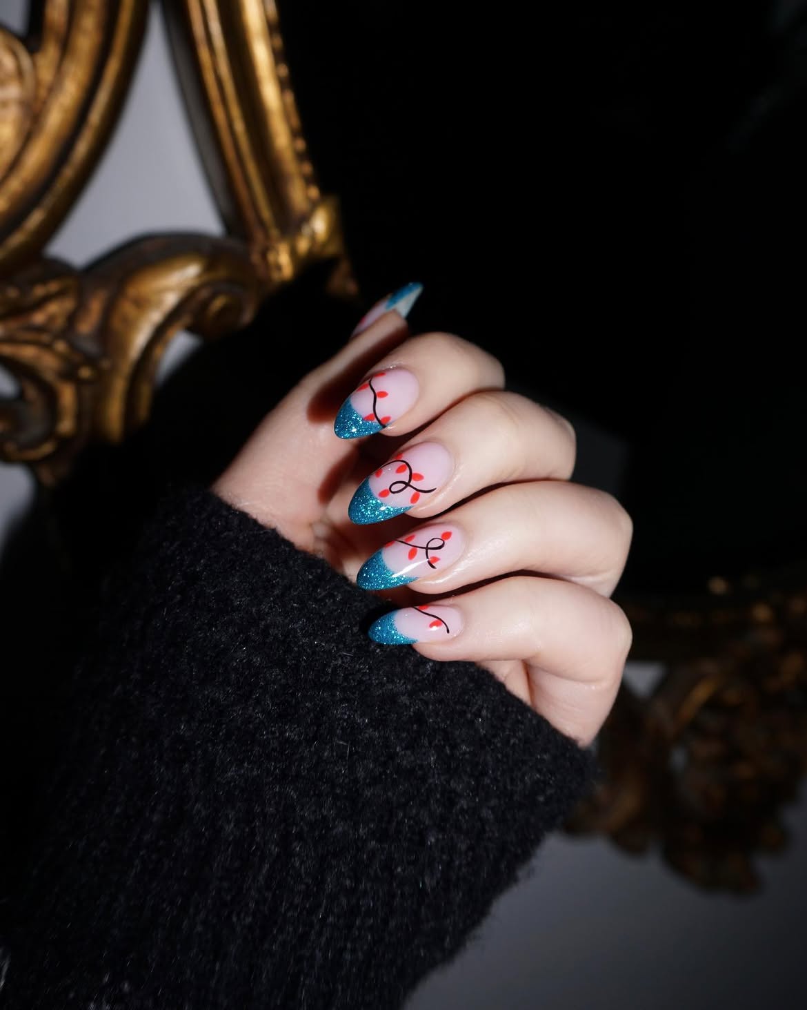 Sparkling Christmas Lights Almond French Tips