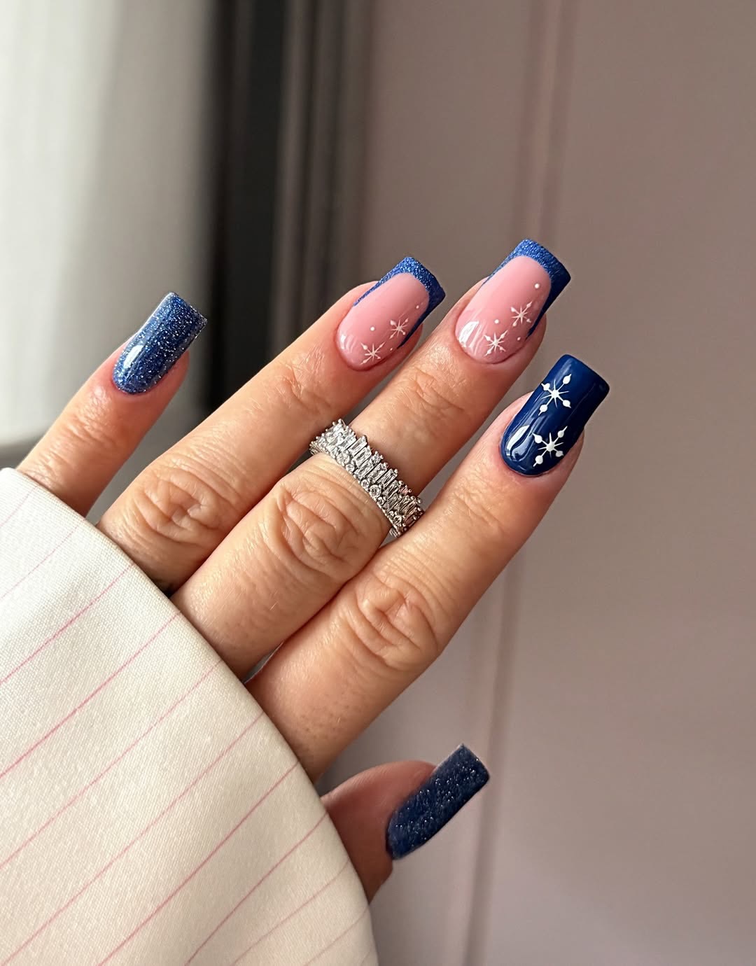 Sparkling Deep Blue Snowflake French Tips