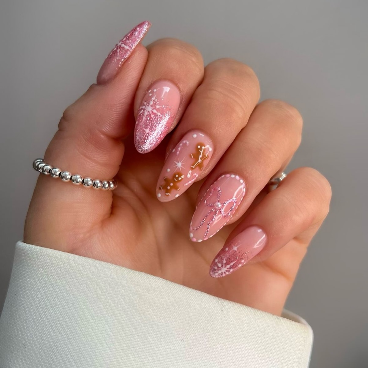 Sparkling Gingerbread Snowflakes Almond Nails