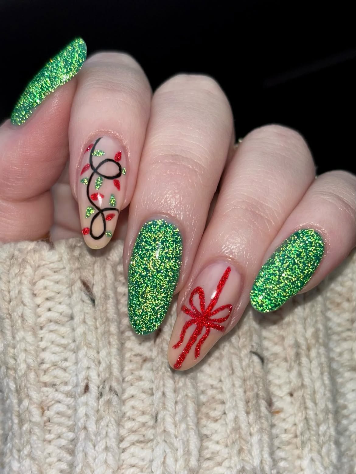 Sparkling Green Christmas Lights and Red Bow