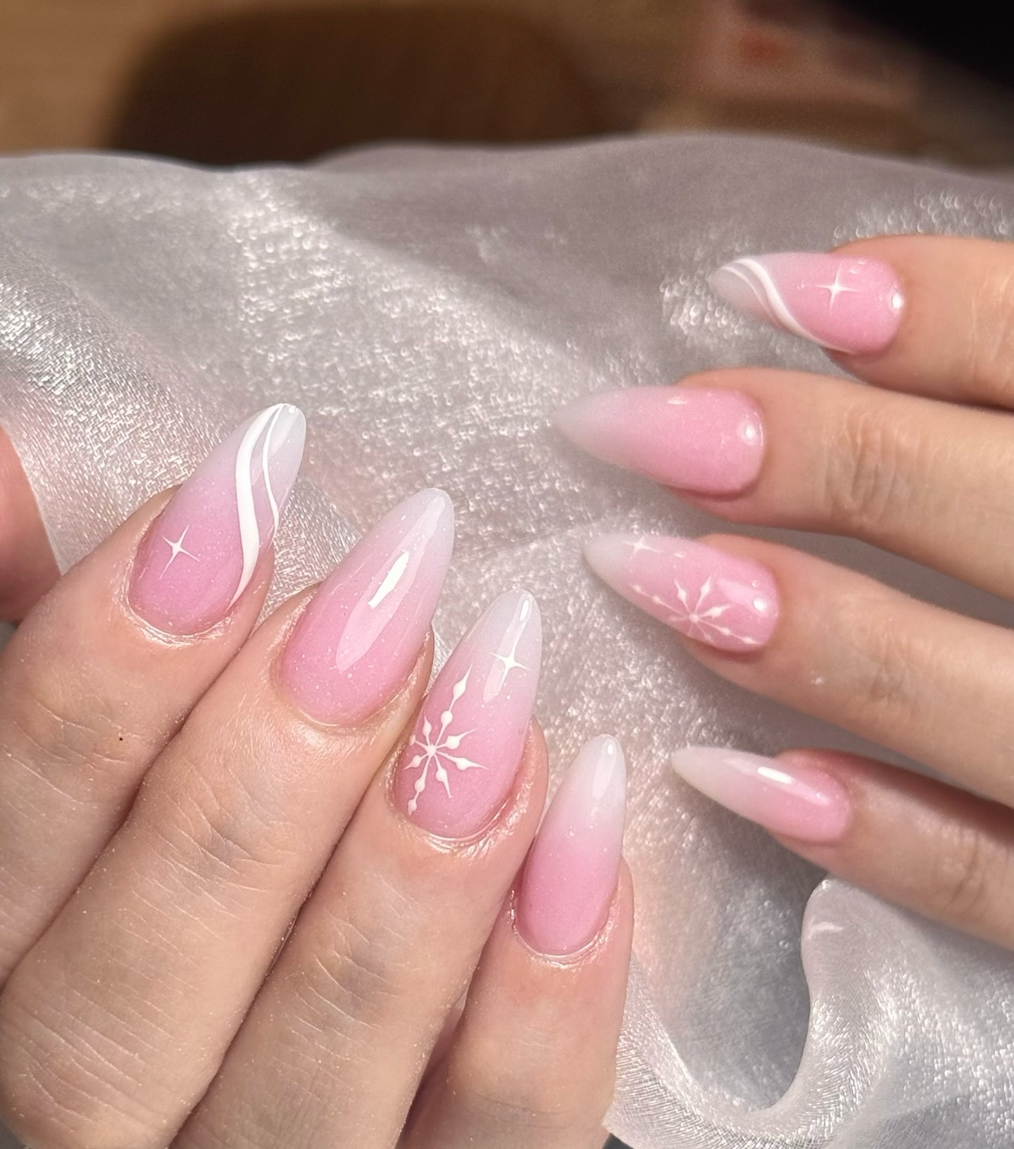 Sparkling Pink and White Ombre Stiletto Nails