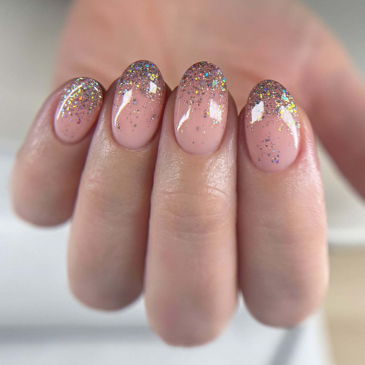 Sparkling Pink Glitter Ombre Oval Nails