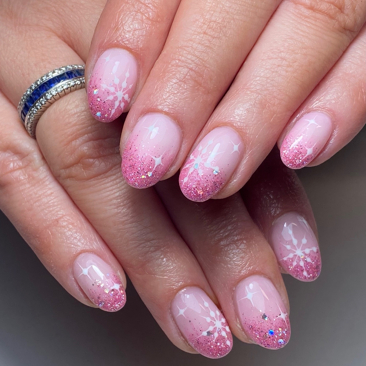 Sparkling Pink Ombre Snowflake French Tips