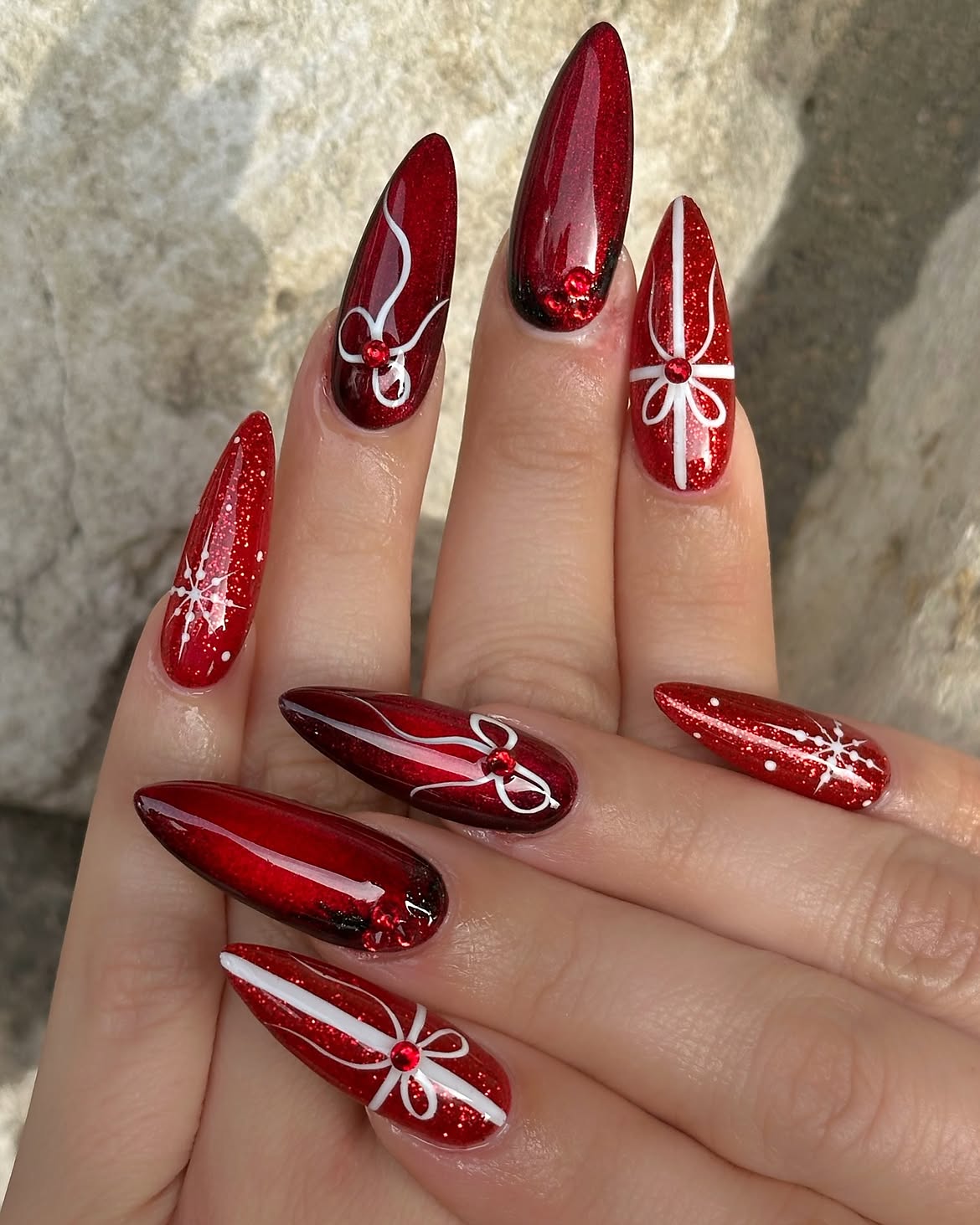 Sparkling Red Gift Bow Almond Nails