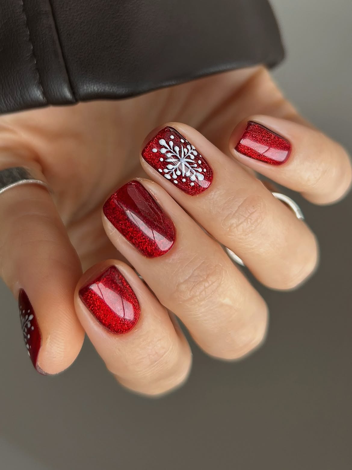 Sparkling Red Square Nails with White Snowflake Art