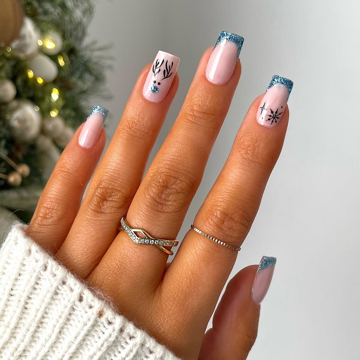 Sparkling Reindeer French Tip Winter Nails