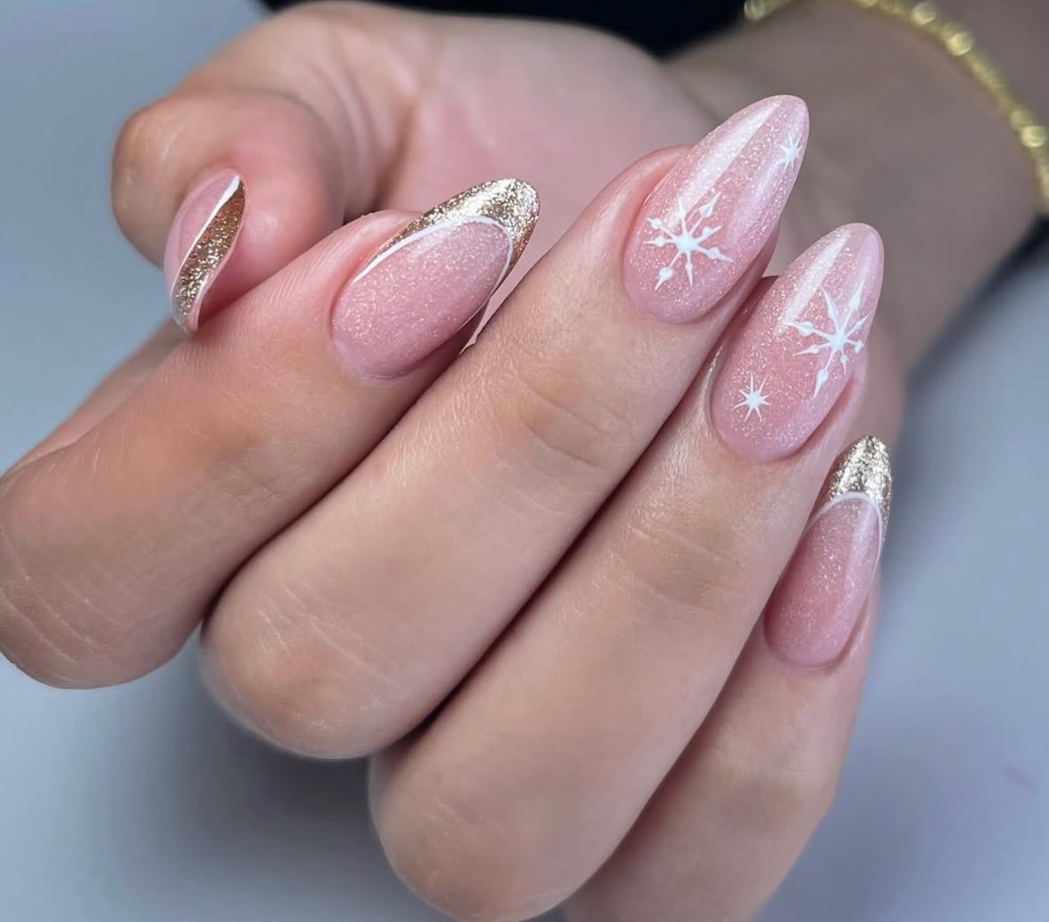 Sparkling Rose Gold Snowflake French Almonds