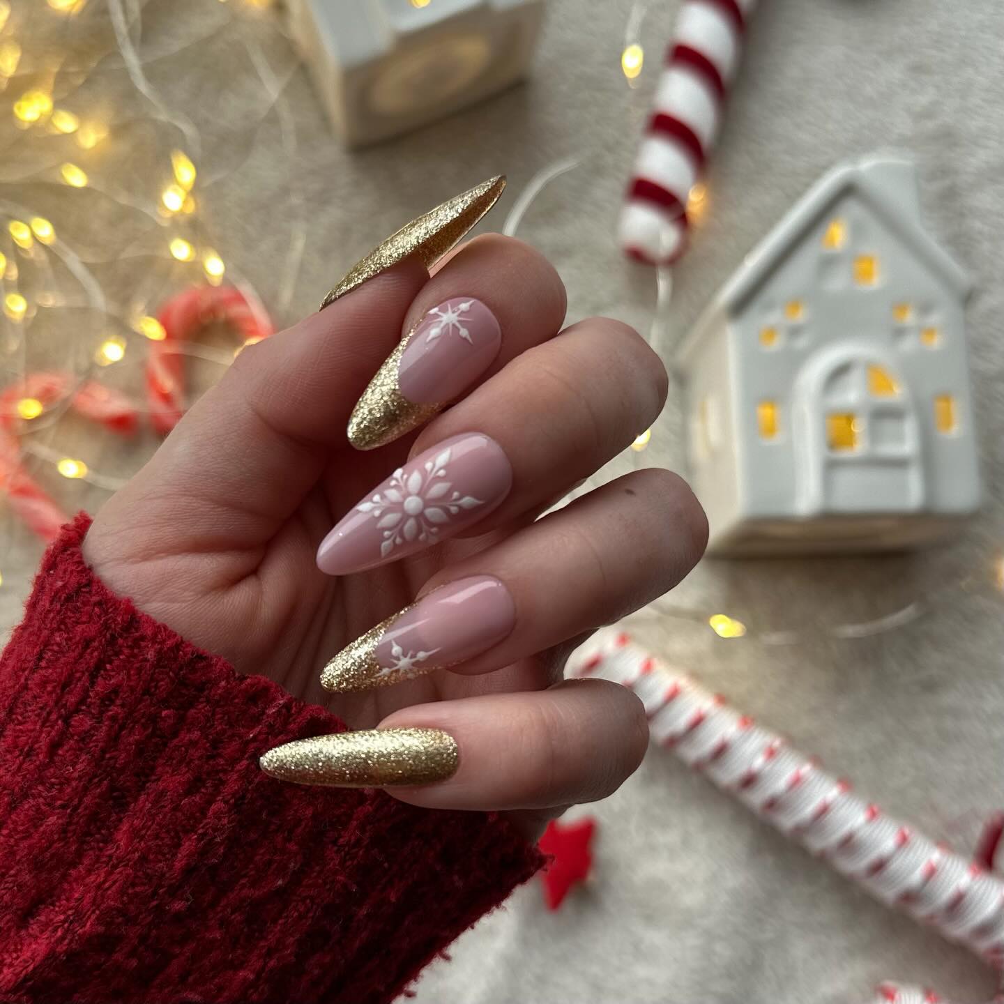 Sparkling Snowflake Almond Winter Nails