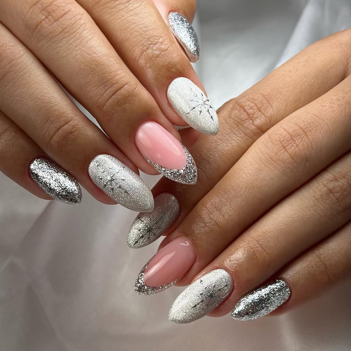 Sparkling Snowflake French Almond Nails