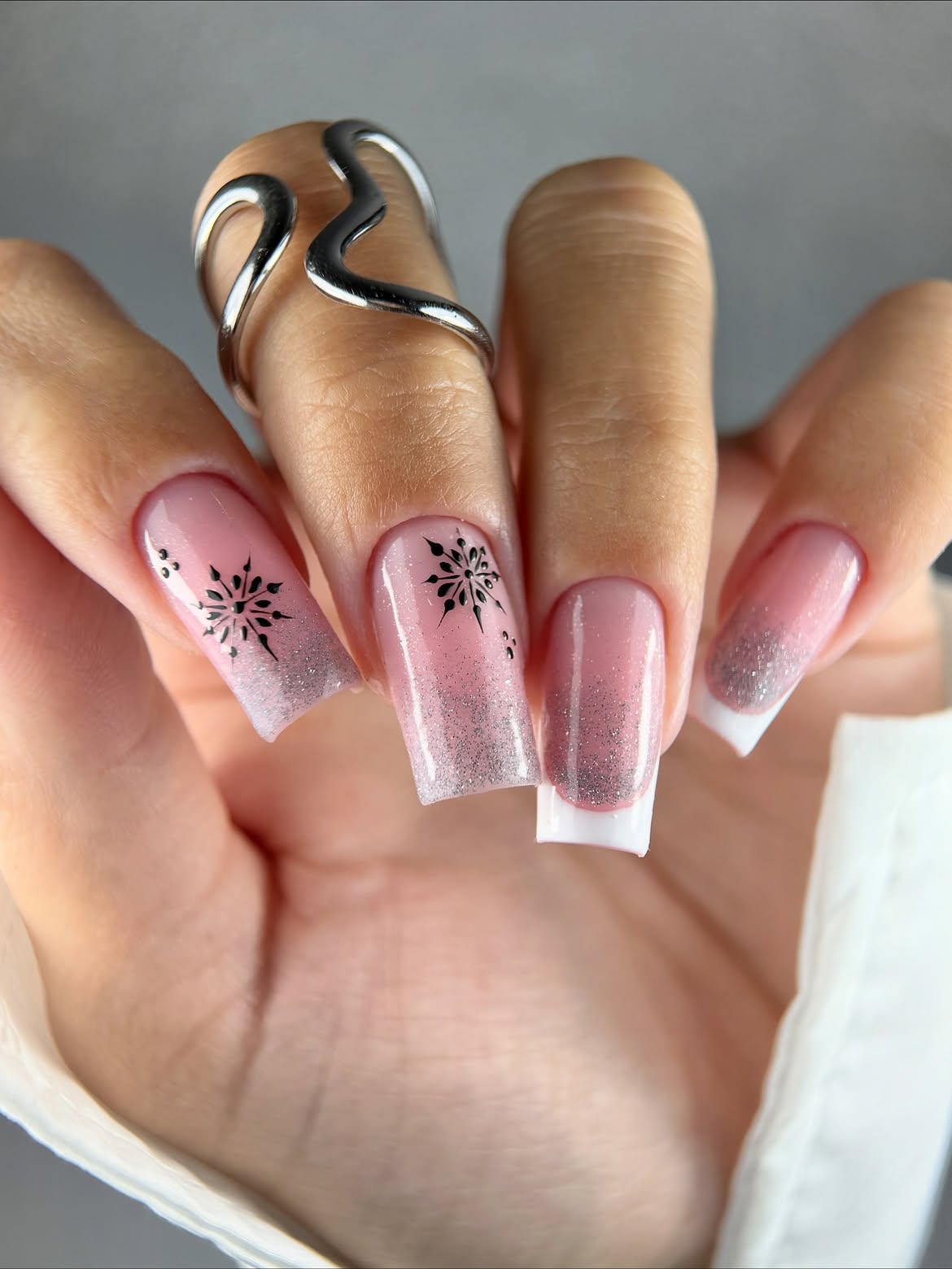 Sparkling Snowflake French Tip Square Nails