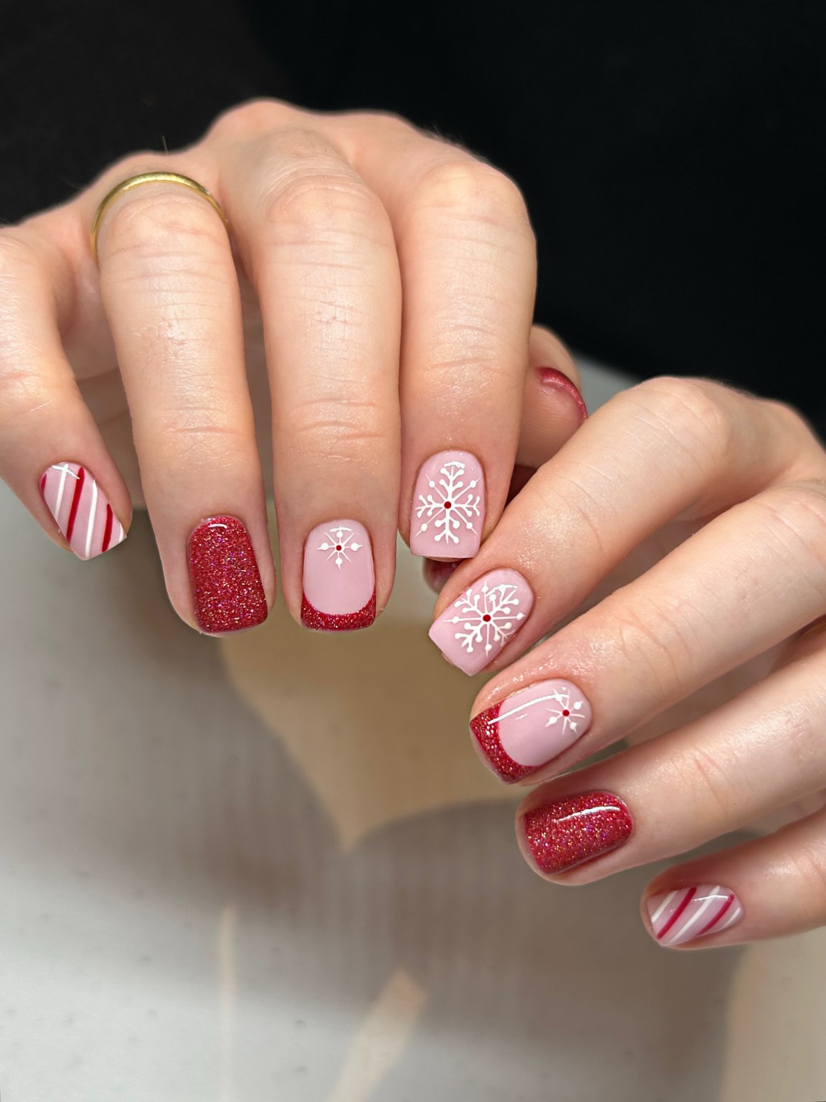 Sparkling Snowflake French Tips with Candy Cane Accents