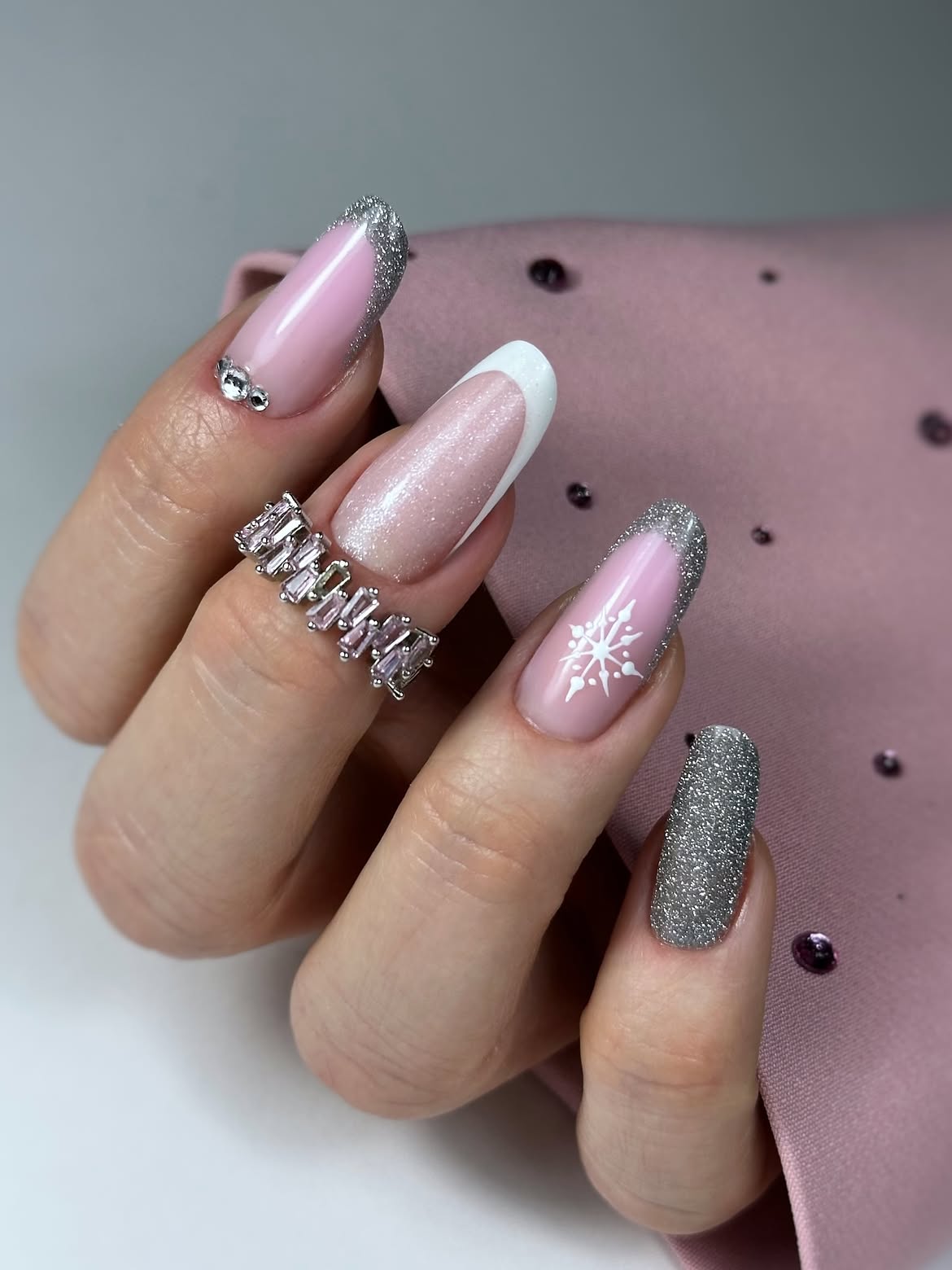 Sparkling Snowflake French Tips with Glitter Accents