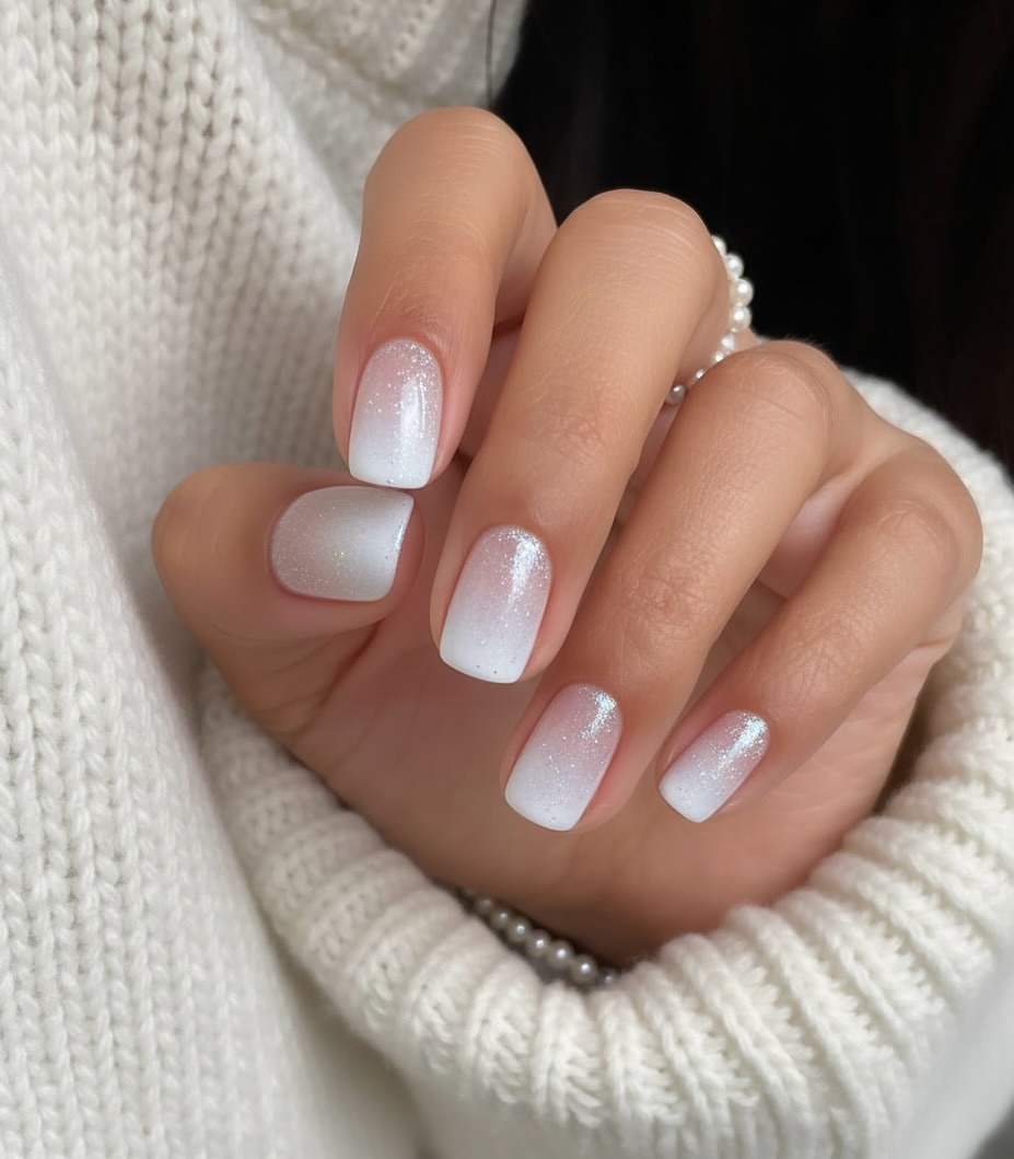 Sparkling White Ombre Short Squoval Nails