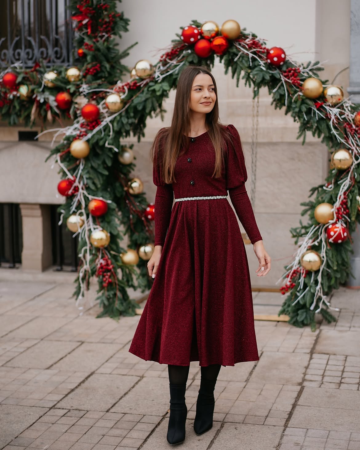 Sparkly Burgundy Puff Sleeve Midi Dress Look