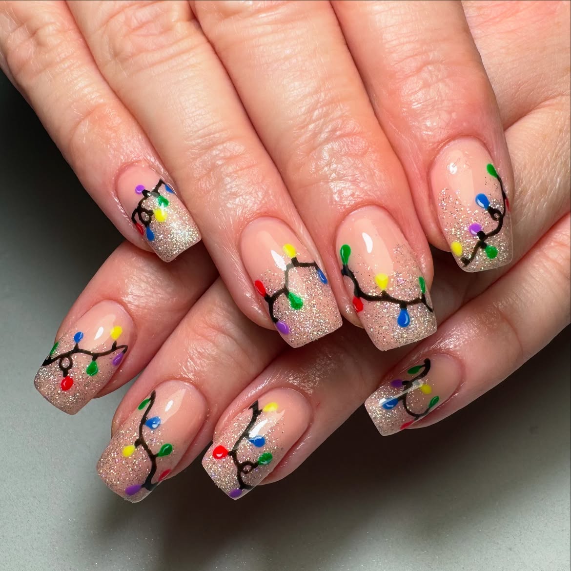 Sparkly Christmas Lights French Tip Nails