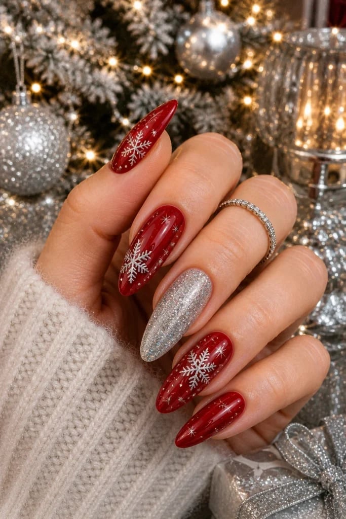 Deep Red Almond Nails With Silver Snowflake Accents Deep Red Almond Nails With Silver Snowflake Accents — Sparkly Christmas Nails